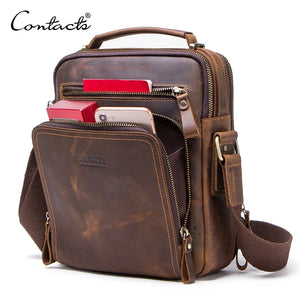 CONTACT'S Crazy Horse Leather Men's Shoulder Bag Vintage Messenger Bags Men Bolsos Male Crossbody Bags Man's Handbag Sling Bag